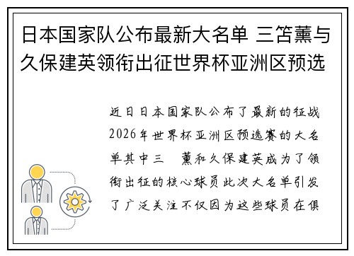 日本国家队公布最新大名单 三笘薰与久保建英领衔出征世界杯亚洲区预选赛